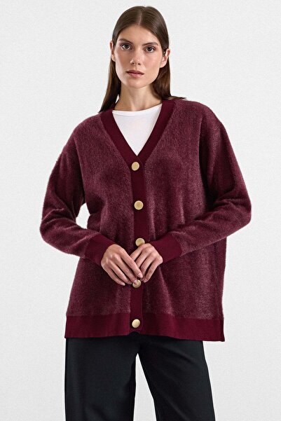 Olcay V-Neck Soft Fabric Cardigan Mürdüm 8295
