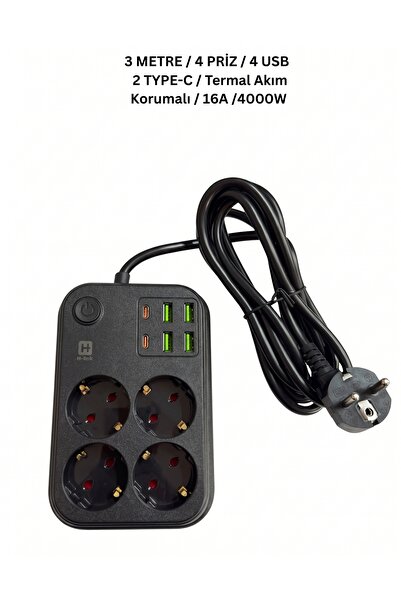 ZEYar Teknoloji Hi-Link 4 Prizli 4 USB ve 2 Type-C Çıkışlı Termal Akım Koruma...