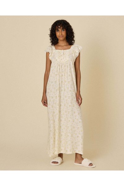 REDTAG Women Yellow Printed Short Sleeve Ruffle Nightgown