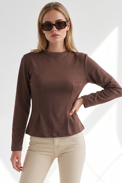 Olalook Women's Brown Corset Formed Long Sleeve Blouse Blz-19003469