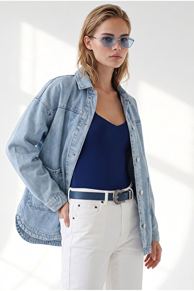 Olalook Women's Blue Pocketed Buttoned Denim Jacket Ckt-19000540