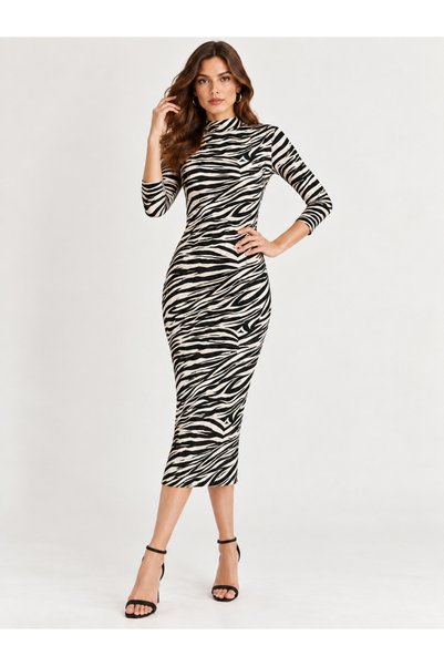 peralist Women's Ecru Black Zebra Patterned High Collar Long Midi Length Viscose Dress