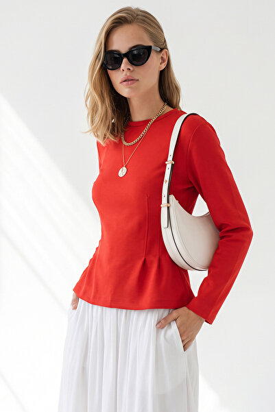 Olalook Women's Red Corset Formed Long Sleeve Blouse Blz-19003469