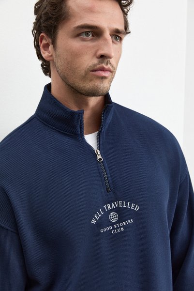 GRIMELANGE TOREN Erkek Fermuarlı Baskılı Lacivert Sweatshirt