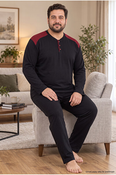 SEBOTEKS Interlock Fabric Collar Buttoned Long Sleeve Plus Size Men's Pajama ...