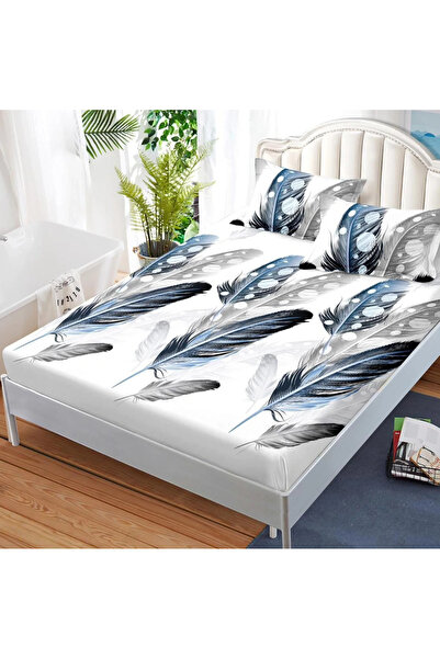 decorami Stretchy sheet, FINET, 180x200cm, 2 pillowcases 50x70cm, Blue, feathers