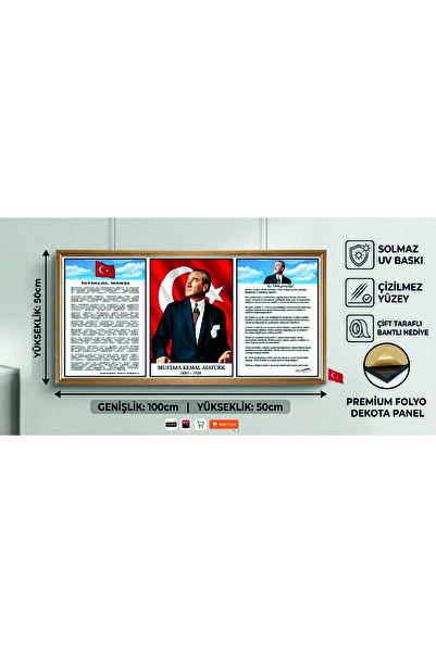 Atatürk Portresi İstiklal Marşı ve Gençliğe Hitabe Panosu 100x50 cm - UV Baskı Dekota / PVC Pano - Çift Taraflı Bantlı Okul ve Ofis Tabelası