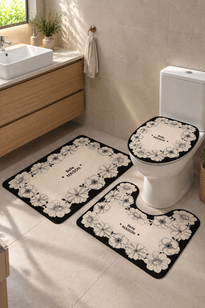 Lavoris Kaymaz Tabanlı Yıkanabilir 3’lü Klozet Takımı Krem Banyo Paspası – Mo...