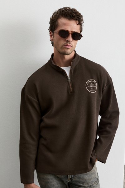 GRIMELANGE TOREN Erkek Fermuarlı Baskılı Kahverengi Sweatshirt