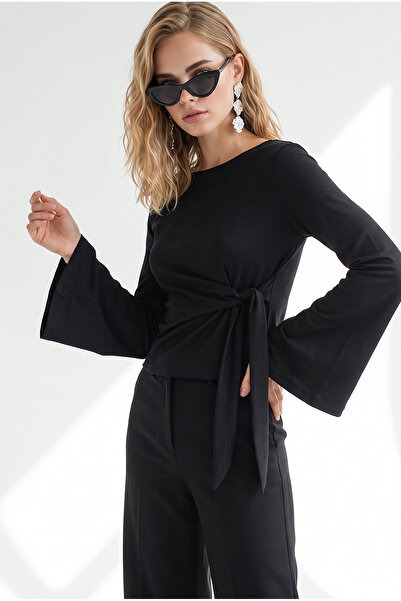 Olalook Women's Black Knot Detailed Spanish Sleeve Flowy Blouse Blz-19003462