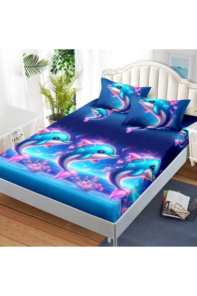 decorami Stretchy Sheet, 180x200 cm + 2 Pillowcases 50x70 cm, Blue, dolphins