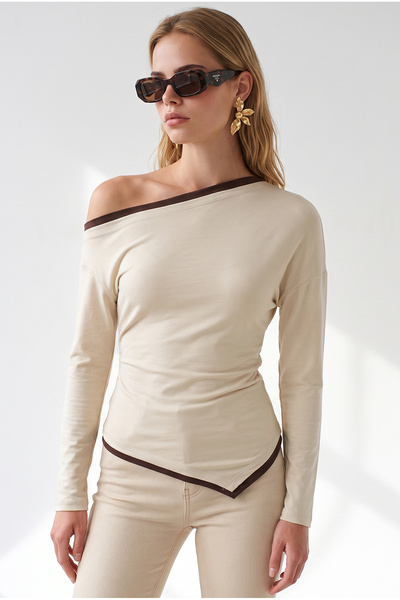 Olalook Women's Beige Drape Detailed Boat Neck Asymmetrical Blouse Blz-19003466