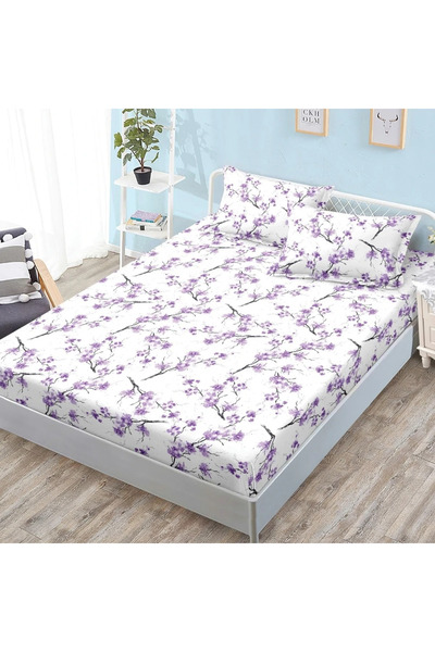 decorami Cearsaf cu Elastic, 180x200 cm + 2 Fete de Perna 50x70 cm, Alb, flor...