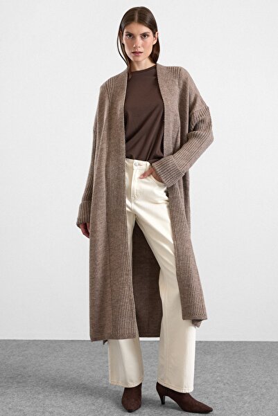 Olcay Loose Fit Ribbed Knitwear Long Cardigan Mink 8298