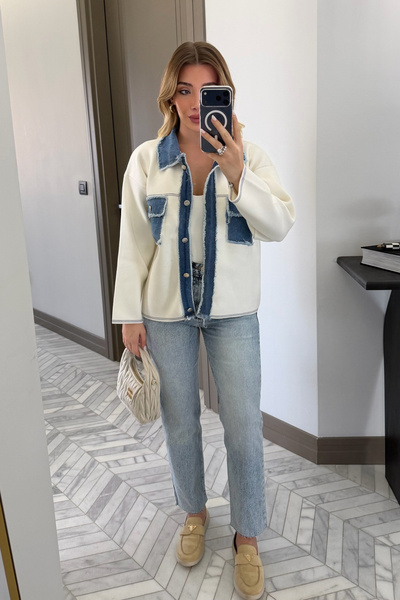 SHILSEE BEUTİQUE White Denim Tricot Jacket with Fringes for Women