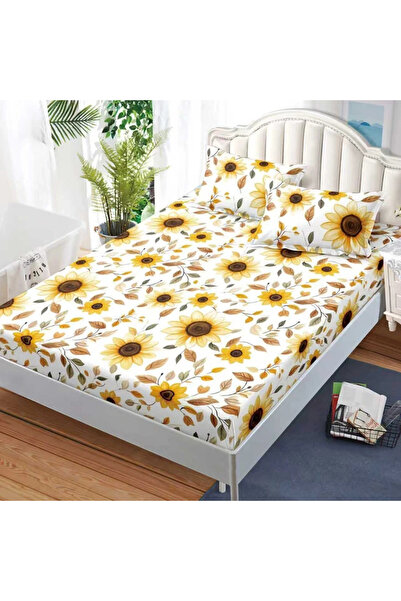 decorami Cearsaf cu Elastic, 180x200 cm + 2 Fete de Perna 50x70 cm, Crem, flori