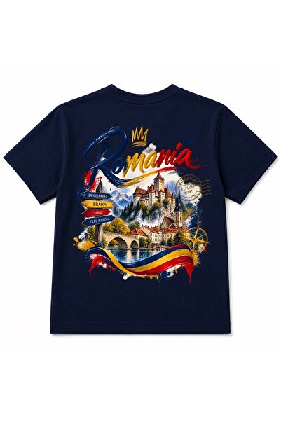 Rabona Fashion Детска тениска с графика на Румъния, замъци, планини и компас