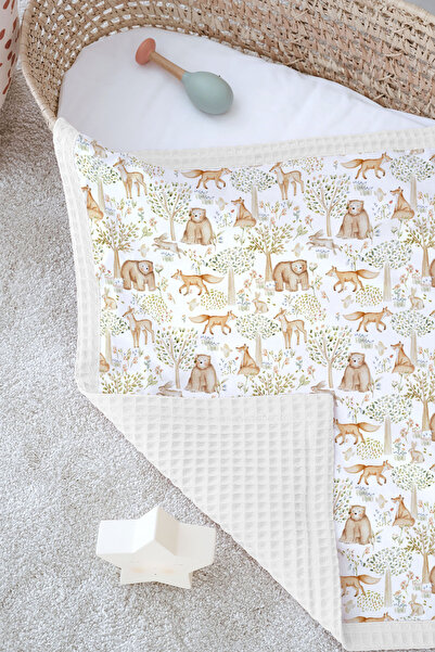 Tuğba Kuğu Double-Sided Baby Blanket, 100% Cotton Waffle Pique |   Pillowcase with Gift - Woodland Friends - 100 X 150 cm