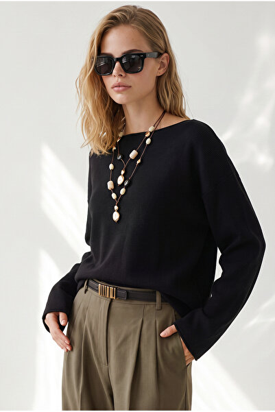Olalook Women's Black Boat Neck Soft Textured Viscose Knitwear Sweater Kzk-19...