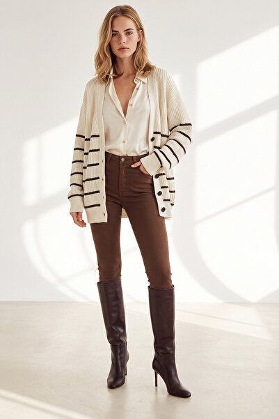 Olalook Women's Ecru Brown Thin Striped Long Knit Cardigan Hrk-19000503