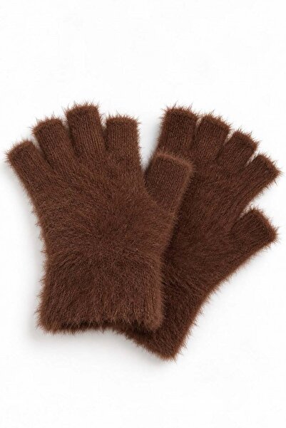 Juuuj Coffee Plush Textured Soft Knitted Flexible Form Half Finger Cutout Det...