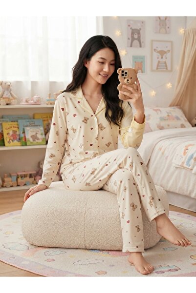 şengül takı evi Cute Teddy Bear Patterned Soft Buttoned Kawaii Cream Pajama Set