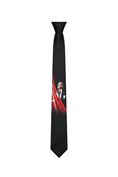 Elegante Cravatte Black Special Design Tie with Ataturk Portrait and Turkish Flag (7 cm) - Comes with Special Box