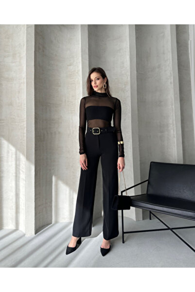 JANES Double button and belt palazzo trousers with lycra