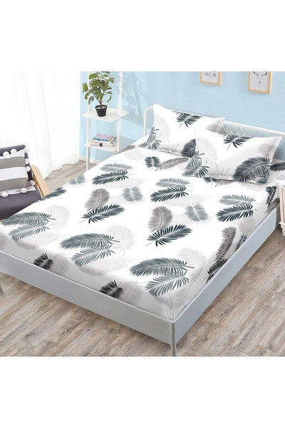 decorami Cearsaf cu Elastic, 180x200 cm + 2 Fete de Perna 50x70 cm, Alb, Frunze