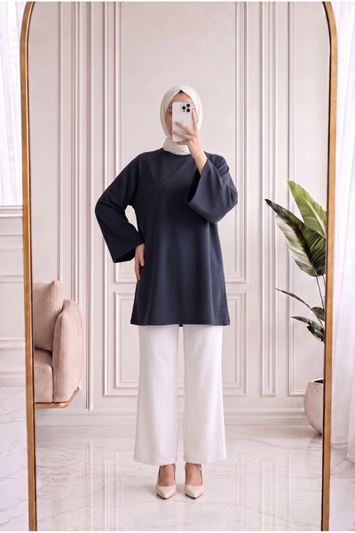 Holehola Bahargül Raglan Sleeve Corded Tunic-Mf1933 Anthracite