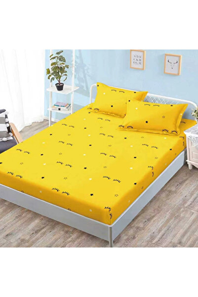decorami Stretchy Sheet, 160x200 cm + 2 Pillowcases 50x70 cm, Yellow, eyelashes
