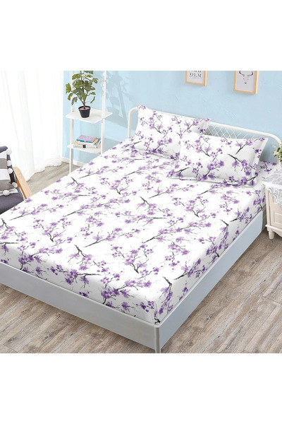 decorami Cearsaf cu Elastic, 160x200 cm + 2 Fete de Perna 50x70 cm, Alb, flor...