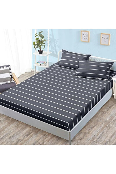 decorami Stretchy Sheet, 180x200 cm + 2 Pillowcases 50x70 cm, Dark Grey, Stripes