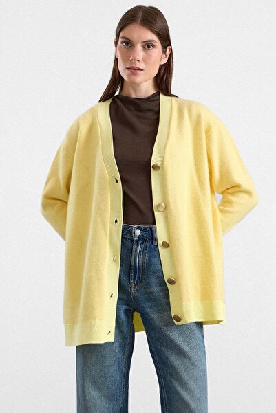 Olcay V-Neck Soft Fabric Cardigan Yellow 8295