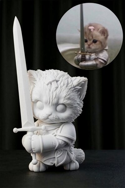Rainmade Boyanabilir Şövalye Kedi Figürü 10 cm - Kılıçlı Sevimli Zırhlı Kedi ...