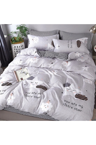 decorami Lenjerie pat 140x200cm, 4 piese, cu ELASTIC, Gri, stelute, norisori