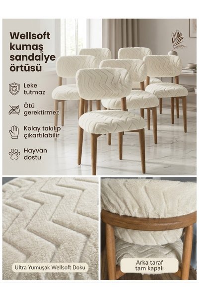 gohertextile Wellsoft Kumaş Krem 6 lı Sandalye Örtüsü Seti Leke Tutmaz Esnek ...