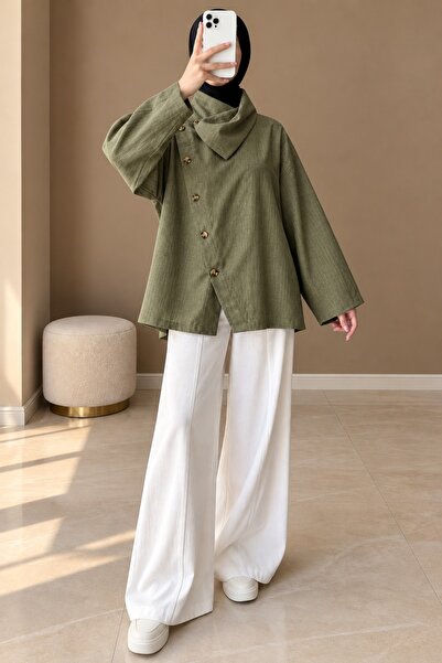 onlymoon Women's Linen Asymmetrical Button Detailed Thick Winter Shirt Tunic |   Comfortable Design Suitable for Daily Use |   Modern and Stylish Women's Tops |   Long Shirt Tunic Model Suitable for Winter Combinations |   Comfortable Fit Stylish