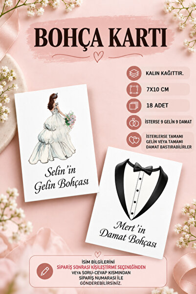 Gelin Damat Bohça Kartı 18 Adet 7x10 cm Kişiye Özel Çeyiz Bohça Kartı