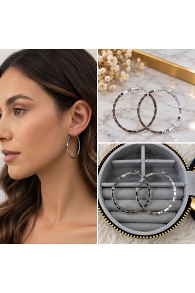 FM 💎   Premium Shiny and Stylish Silver Color Textured Medium Size Hoop Wome...