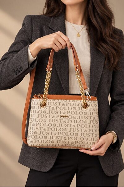 Just Polo Women's Hand and Shoulder Bag with Chain Strap, Logo, Zipper, Styli...
