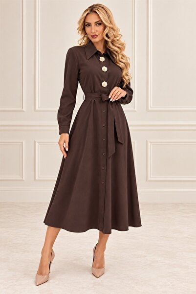 FashionForYou Rochie-cămașă midi OREVIA cu cordon în talie și nasturi aurii d...