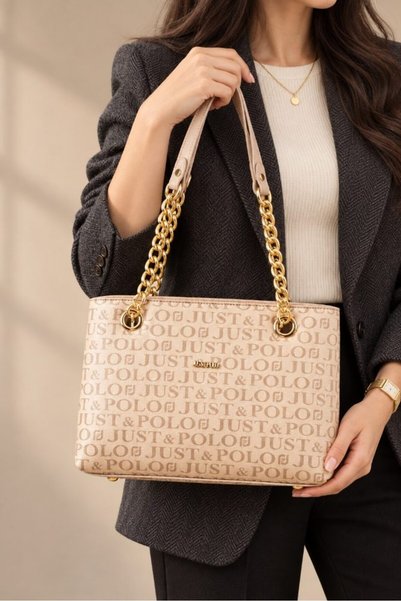 Just Polo Women's Hand and Shoulder Bag with Chain Strap, Logo, Zipper, Styli...