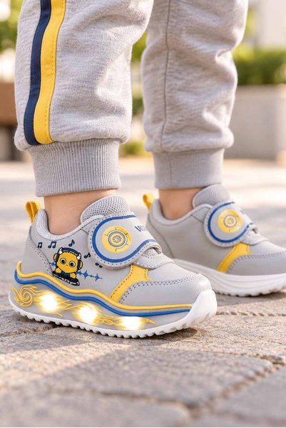 Vicco Erkek Çocuk Işıklı Spor Ayakkabı Gri Sarı Mavi Cırt Cırtlı Sneaker