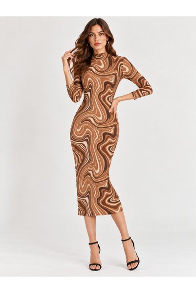 peralist Women's Coffee Cream Patterned High Neck Long Midi Length Viscose Dress
