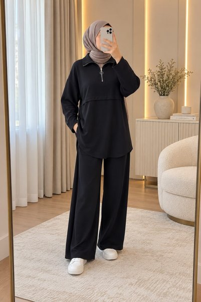 MissYasvera KADIN ANTRASİT TESETTÜR YARIM FERMUAR UZUN TUNİK BOL PAÇA PANTOLO...