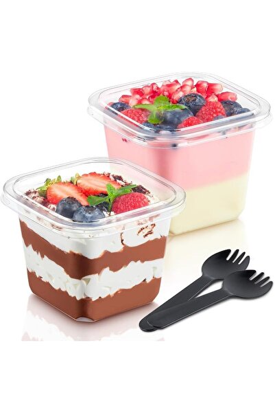 Generic 50-Pack 12 oz Disposable Plastic Square Dessert Cups with Lids & Spor...