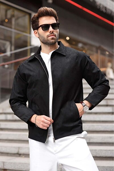 Madmext Black Polo Collar Suede Men's Jacket E7221