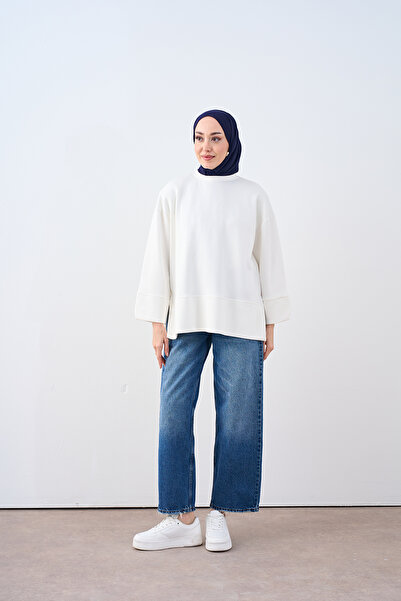 LOCCO Kadın Bisiklet Yaka Çima Detay Sweatshirt Beyaz