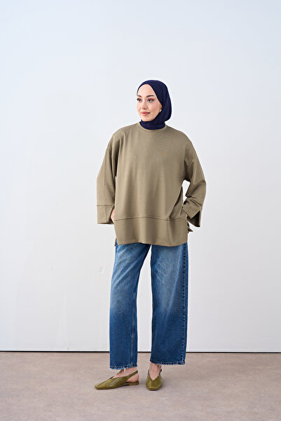 LOCCO Kadın Bisiklet Yaka Çima Detay Sweatshirt Yeşil